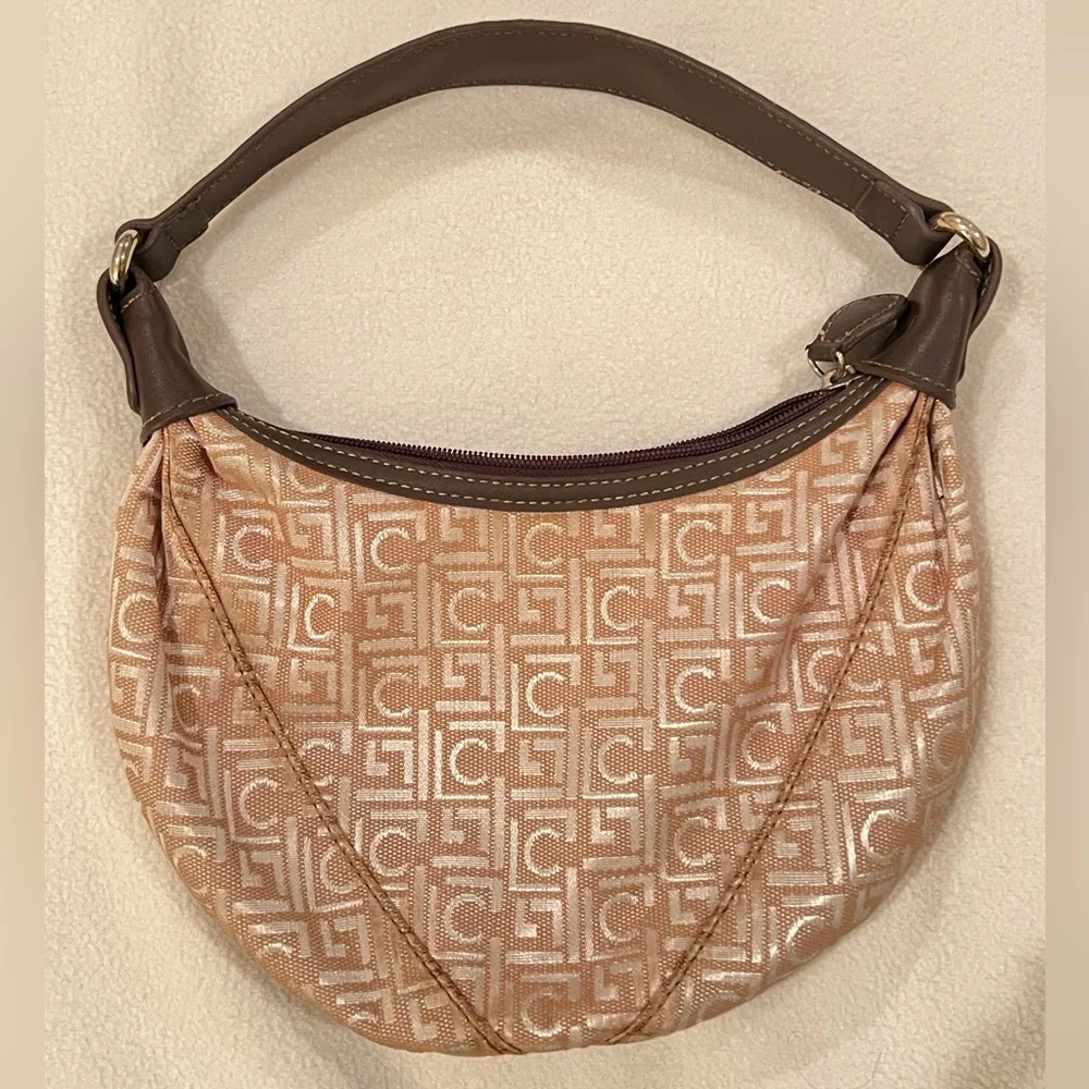 Liz Claiborne Vintage Beige Metallic Monogram Crescent Hobo Bag